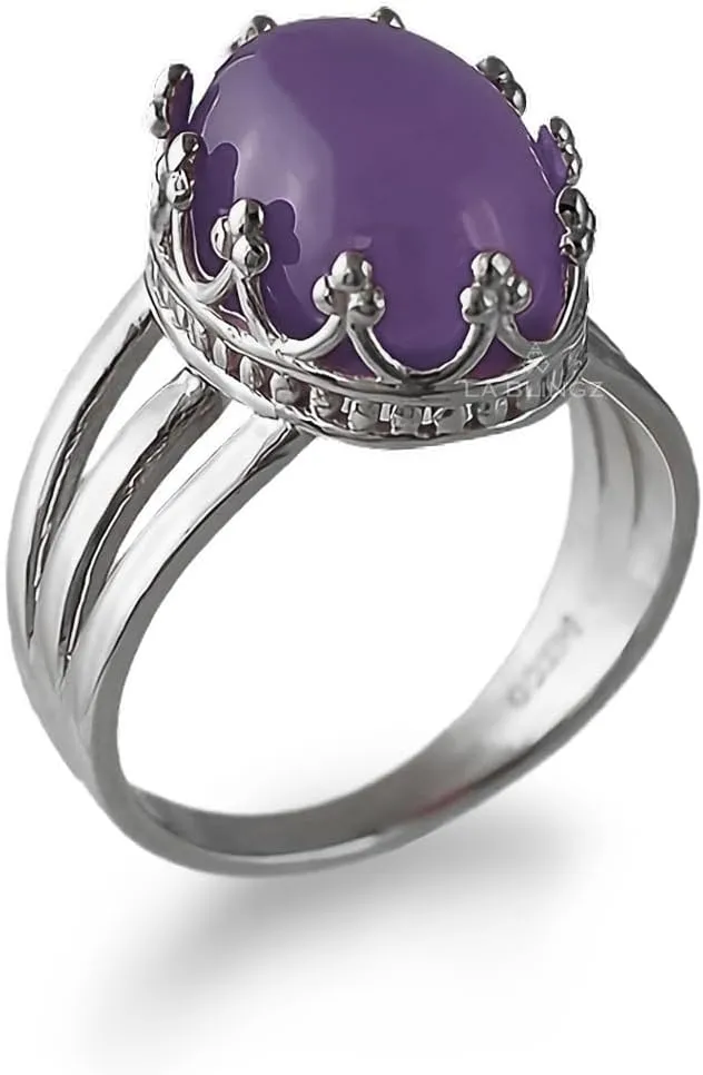 LA BLINGZ 14K White Gold Oval Crown Amethyst Cabochon Tri-Band Gemstone Ring