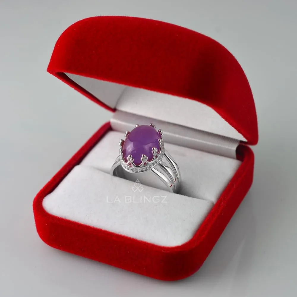 LA BLINGZ 14K White Gold Oval Crown Amethyst Cabochon Tri-Band Gemstone Ring
