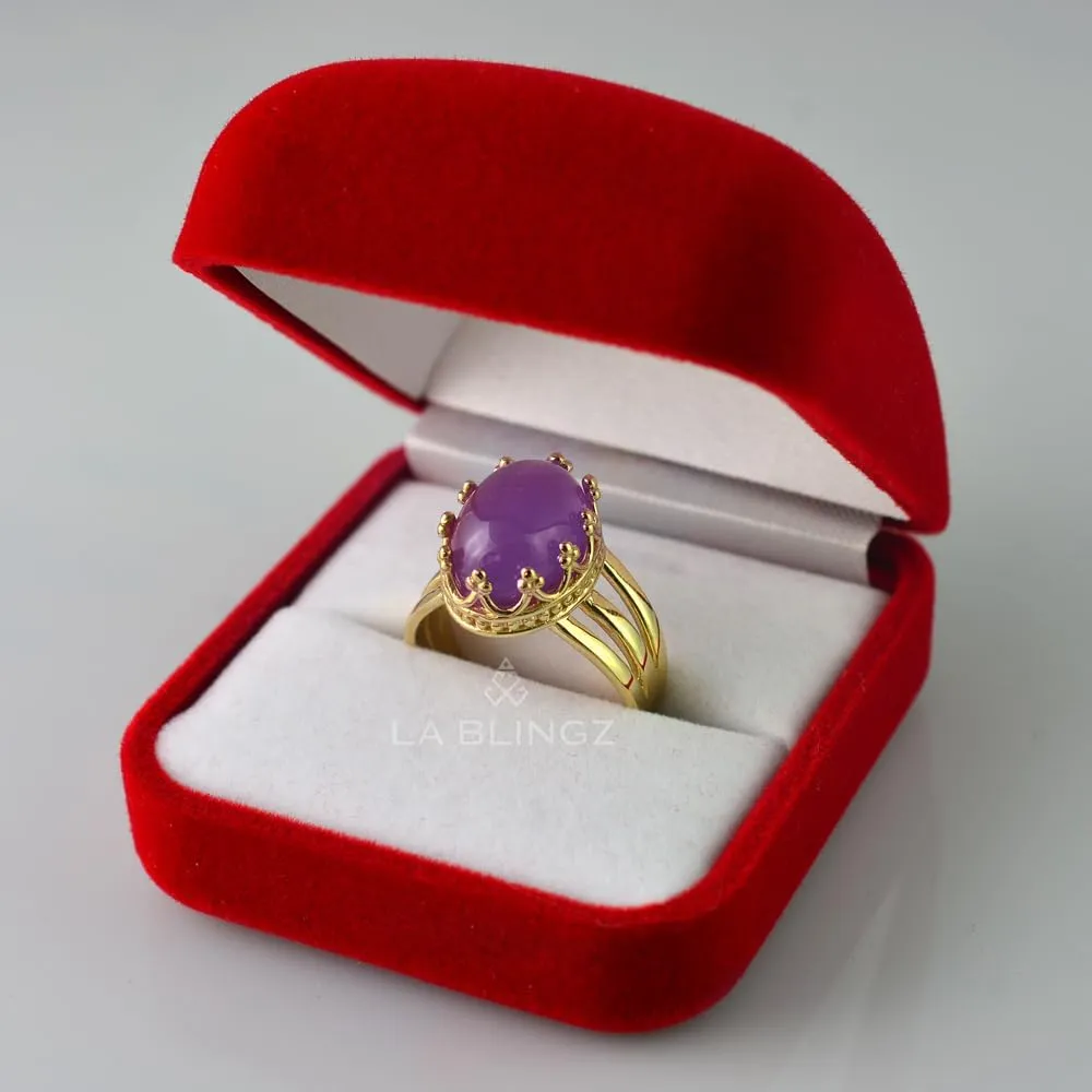 LA BLINGZ 14K Yellow Gold Oval Crown Amethyst Cabochon Tri-Band Gemstone Ring