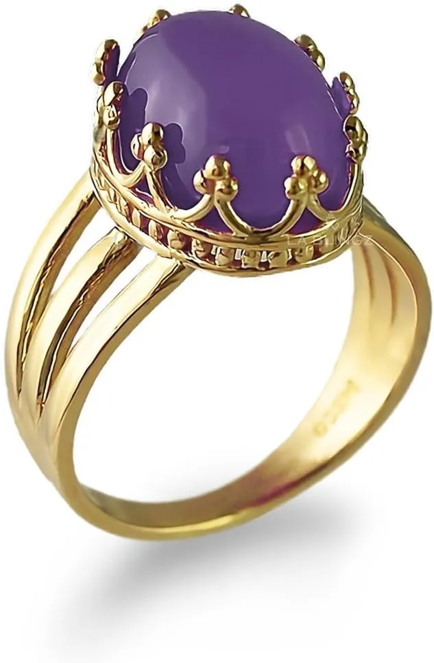 LA BLINGZ 14K Yellow Gold Oval Crown Amethyst Cabochon Tri-Band Gemstone Ring
