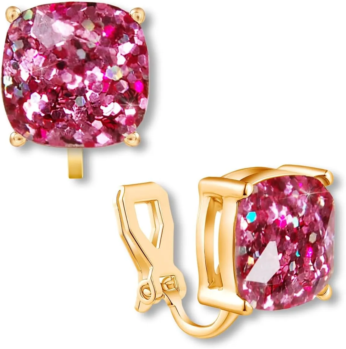 Large Square Clip On Earrings for Women - Comfortable Non Pierced Earrings for Women in Gold Tone, Statement Clip-On Studs
