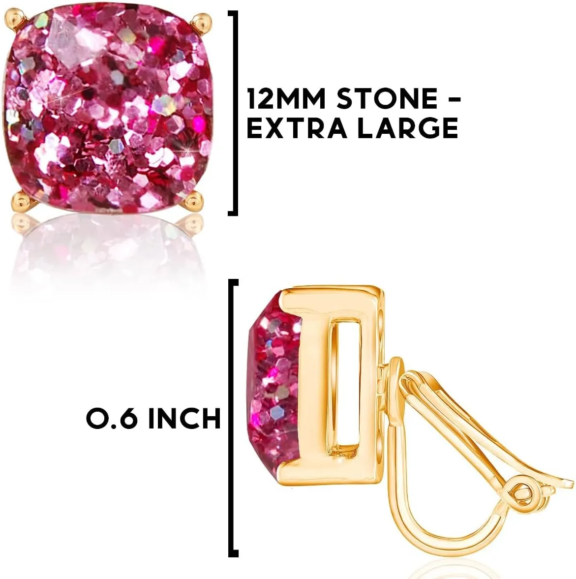 Large Square Clip On Earrings for Women - Comfortable Non Pierced Earrings for Women in Gold Tone, Statement Clip-On Studs