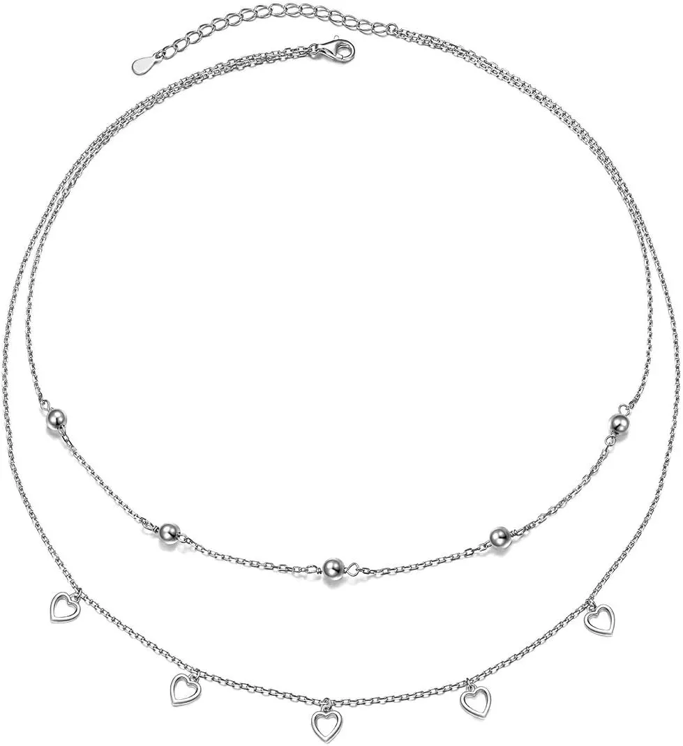 Layered Necklaces for Women S925 Sterling Silver Chokers Necklace for Women Circle/Heart/Double Circle/Cross/Star/Evil Eye Necklace Handmade Bead Necklace Adjustable