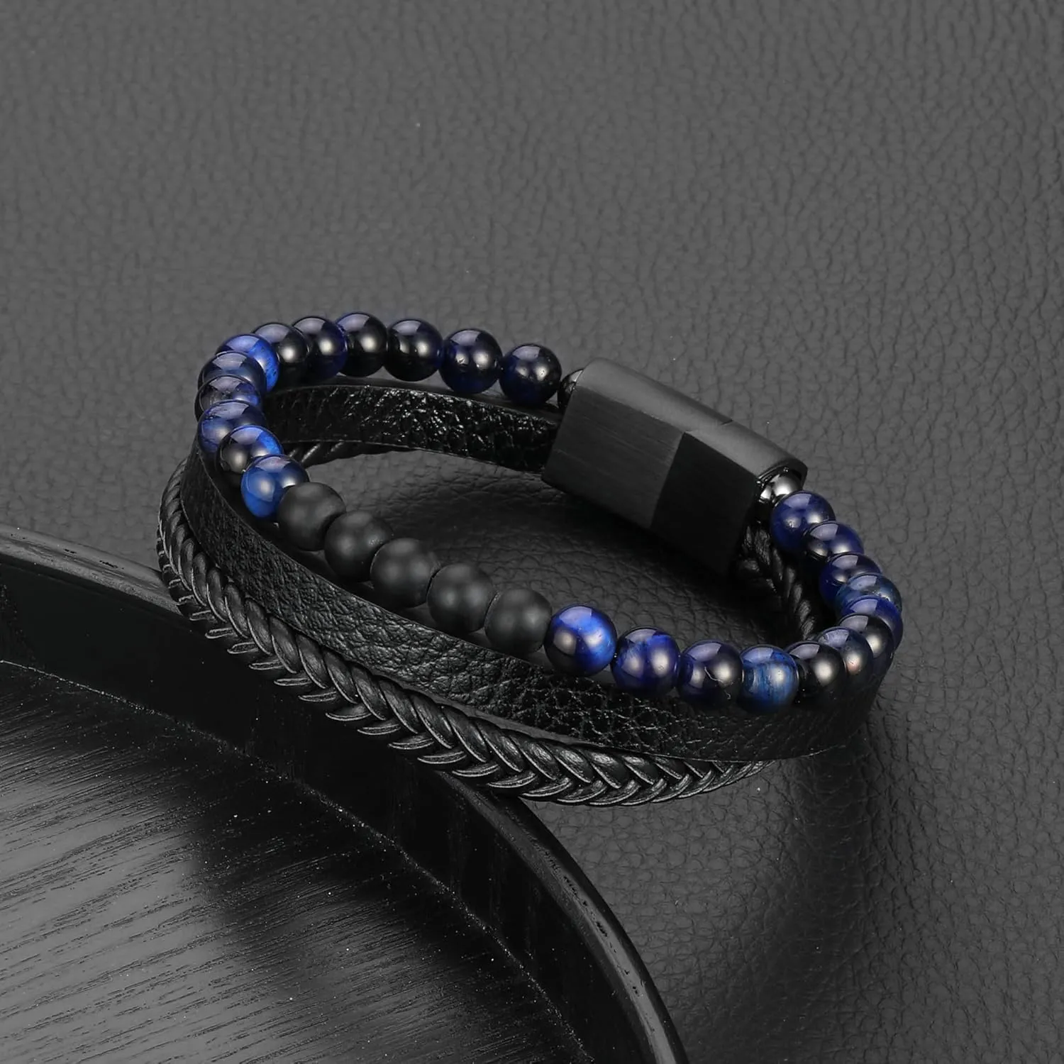 Leather Bead Bracelets for Men, Natural Tiger Eye Lava Rock Stone Bead Magnetic Clasp Adjustable Leather Bracelets Stress Relief Mens Anxiety Bracelet Mens Jewelry Gifts