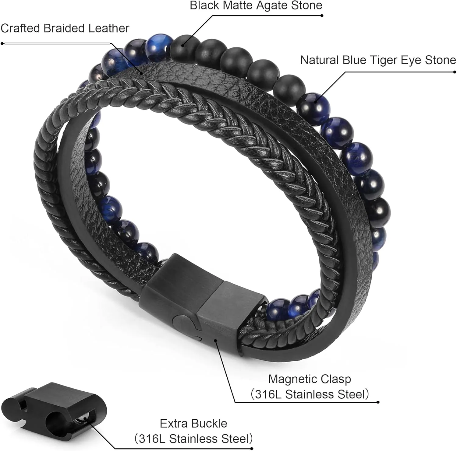 Leather Bead Bracelets for Men, Natural Tiger Eye Lava Rock Stone Bead Magnetic Clasp Adjustable Leather Bracelets Stress Relief Mens Anxiety Bracelet Mens Jewelry Gifts