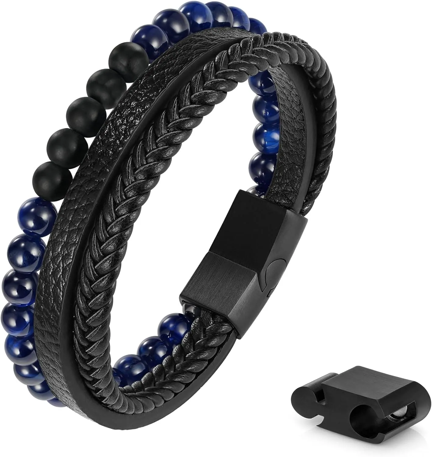 Leather Bead Bracelets for Men, Natural Tiger Eye Lava Rock Stone Bead Magnetic Clasp Adjustable Leather Bracelets Stress Relief Mens Anxiety Bracelet Mens Jewelry Gifts