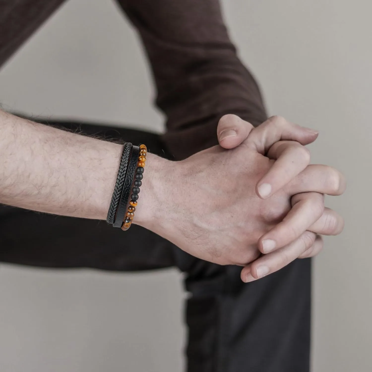 Leather Bead Bracelets for Men, Natural Tiger Eye Lava Rock Stone Bead Magnetic Clasp Adjustable Leather Bracelets Stress Relief Mens Anxiety Bracelet Mens Jewelry Gifts