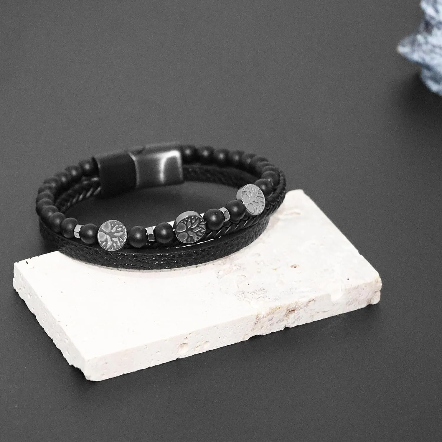 Leather Beaded Bracelets for Men Stainless Steel Tree of Life Bracelet Black Onyx Yellow Tiger Eye Stone Braided Bracelets for Father Husband Boyfriend