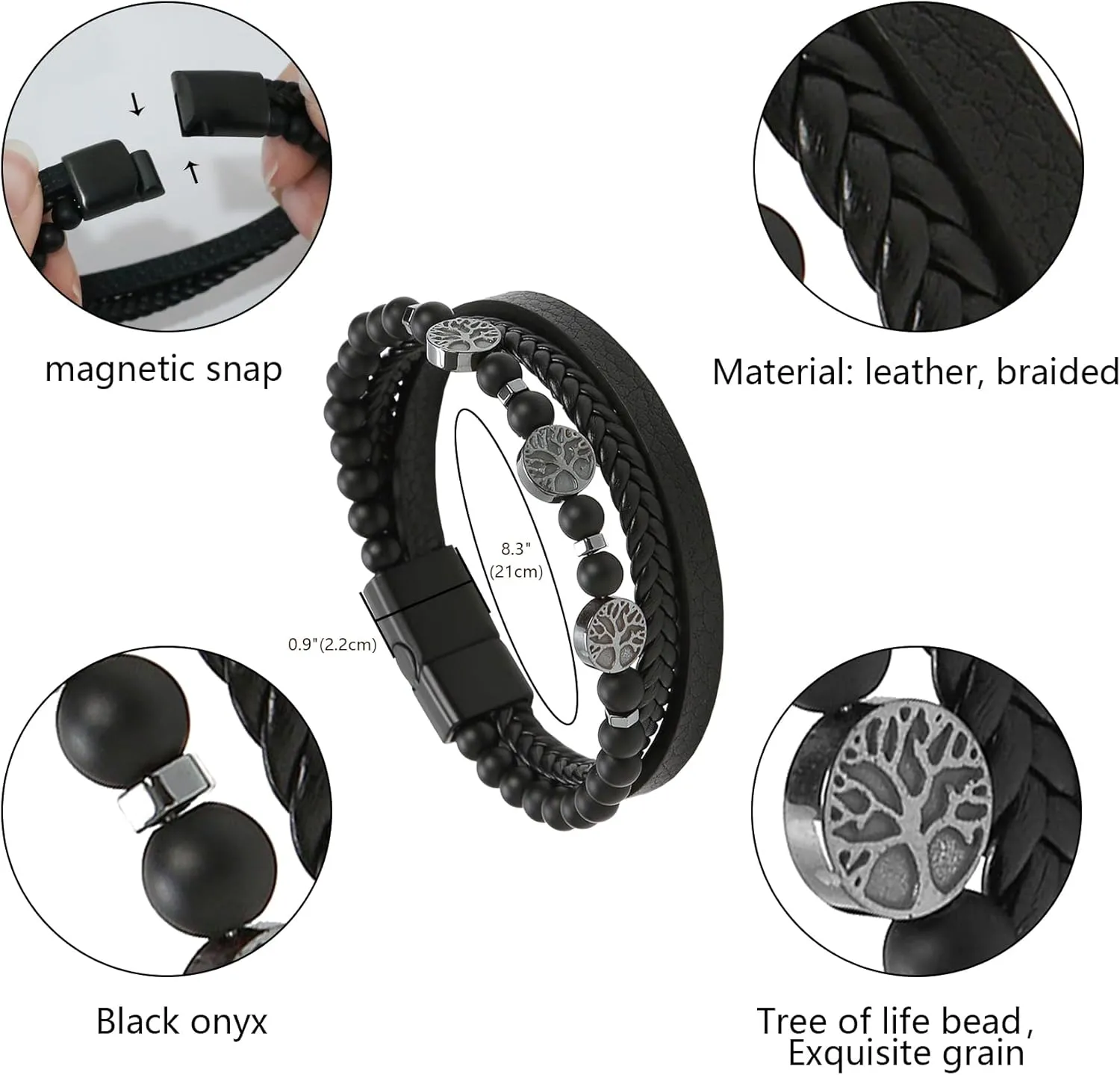 Leather Beaded Bracelets for Men Stainless Steel Tree of Life Bracelet Black Onyx Yellow Tiger Eye Stone Braided Bracelets for Father Husband Boyfriend