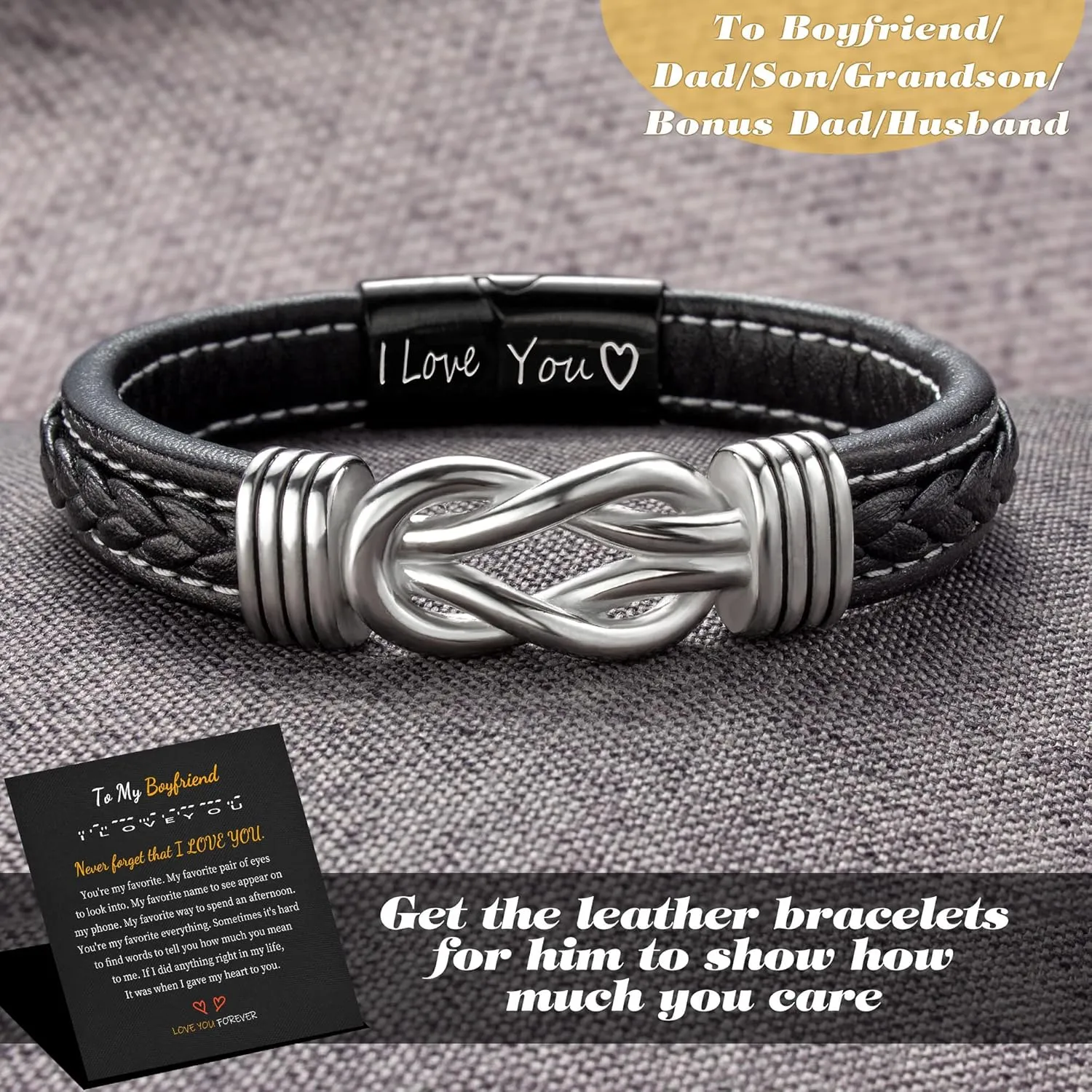 Leather Bracelets for Men I Love You Gifts for Him Father's Day Gifts for Men Bracelet Birthday Gifts for Dad Son Boyfriend Husband Graduation Gifts for Him 2023 Braided Engraved Wedding Anniversary Christmas Jewelry