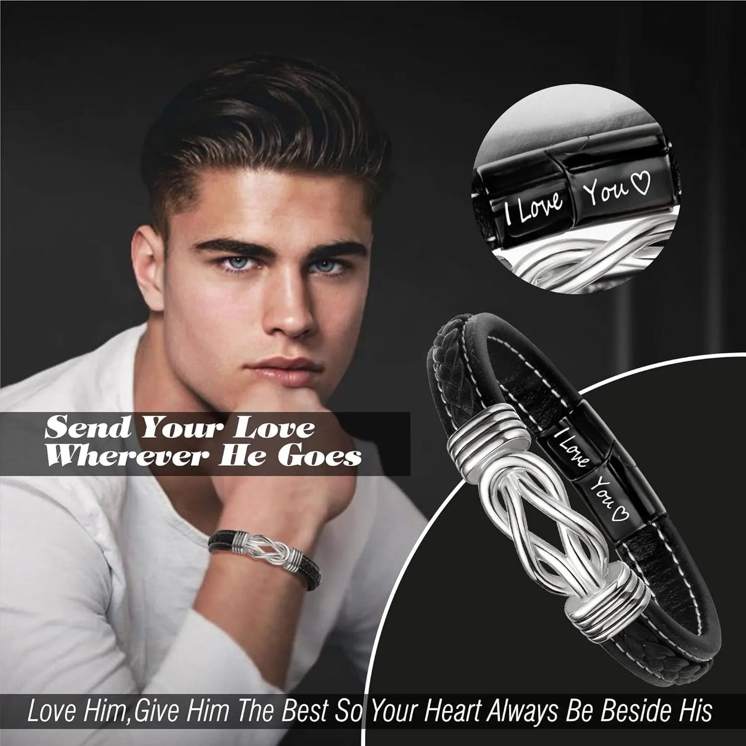 Leather Bracelets for Men I Love You Gifts for Him Father's Day Gifts for Men Bracelet Birthday Gifts for Dad Son Boyfriend Husband Graduation Gifts for Him 2023 Braided Engraved Wedding Anniversary Christmas Jewelry