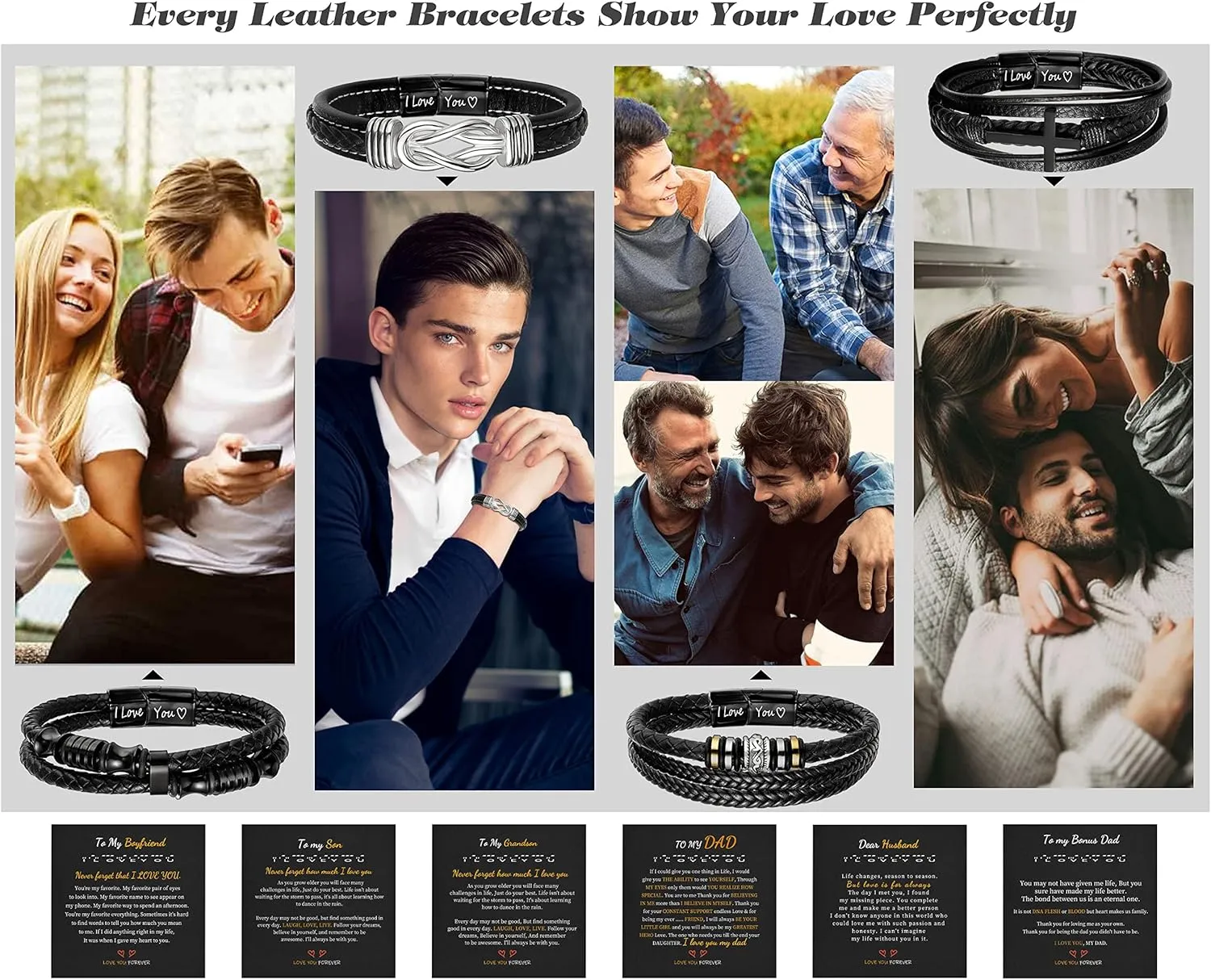 Leather Bracelets for Men I Love You Gifts for Him Father's Day Gifts for Men Bracelet Birthday Gifts for Dad Son Boyfriend Husband Graduation Gifts for Him 2023 Braided Engraved Wedding Anniversary Christmas Jewelry
