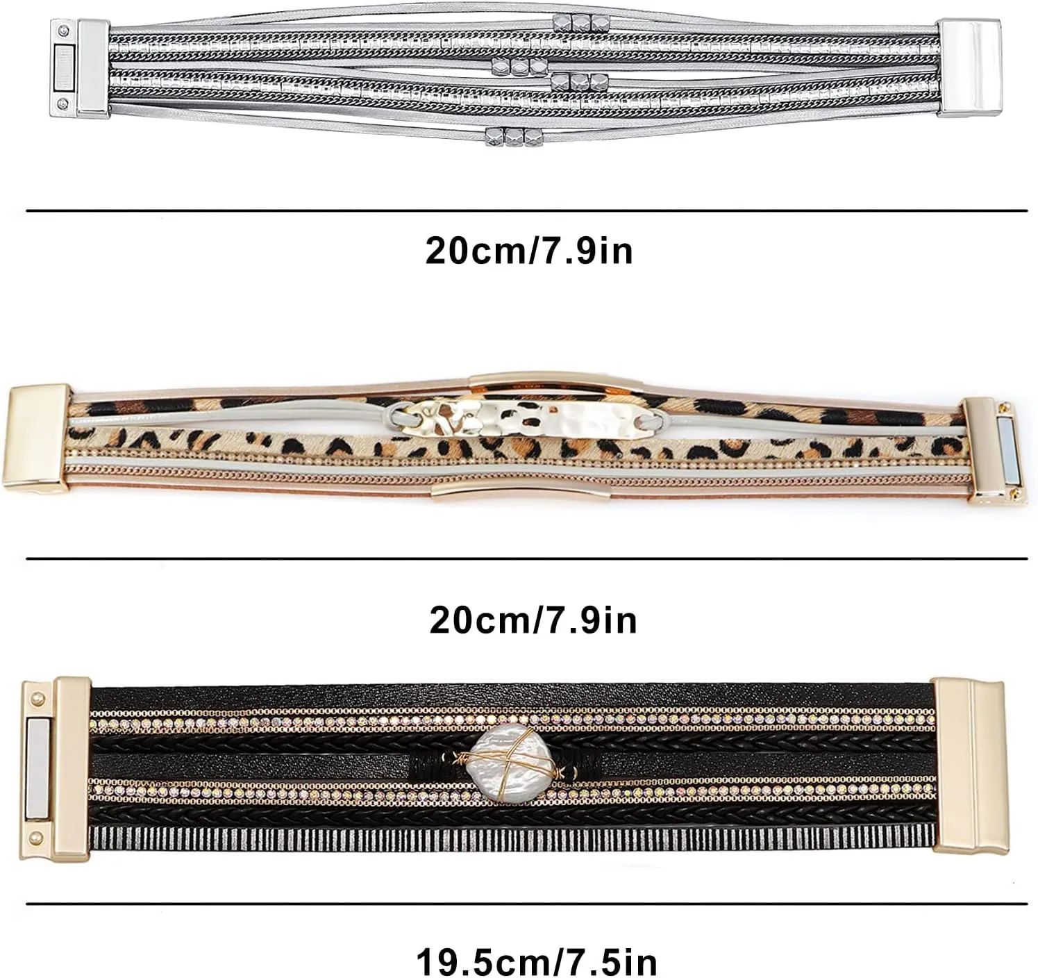 Leather Wrap Bracelet Set 3Pack Wrist Cuff Bracelet for Women Multilayer Magnetic Clasp Bracelet Feather Tree Bead Crystal Bracelet