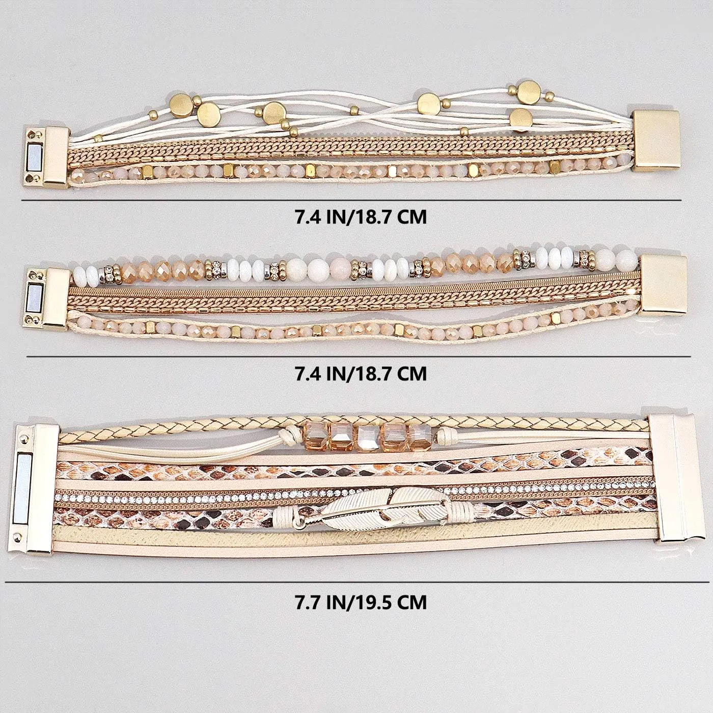 Leather Wrap Bracelet Set 3Pack Wrist Cuff Bracelet for Women Multilayer Magnetic Clasp Bracelet Feather Tree Bead Crystal Bracelet