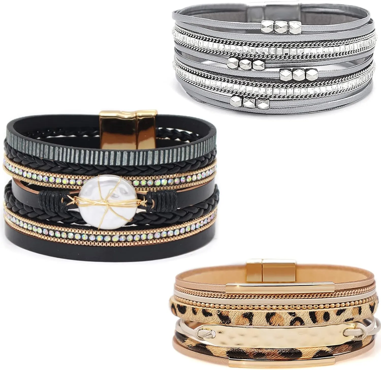 Leather Wrap Bracelet Set 3Pack Wrist Cuff Bracelet for Women Multilayer Magnetic Clasp Bracelet Feather Tree Bead Crystal Bracelet