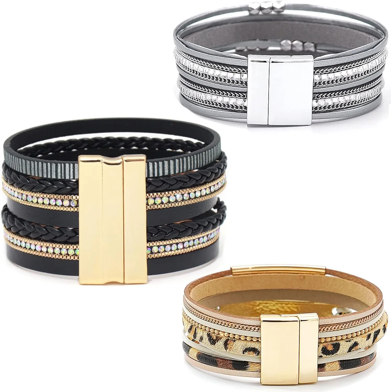 Leather Wrap Bracelet Set 3Pack Wrist Cuff Bracelet for Women Multilayer Magnetic Clasp Bracelet Feather Tree Bead Crystal Bracelet