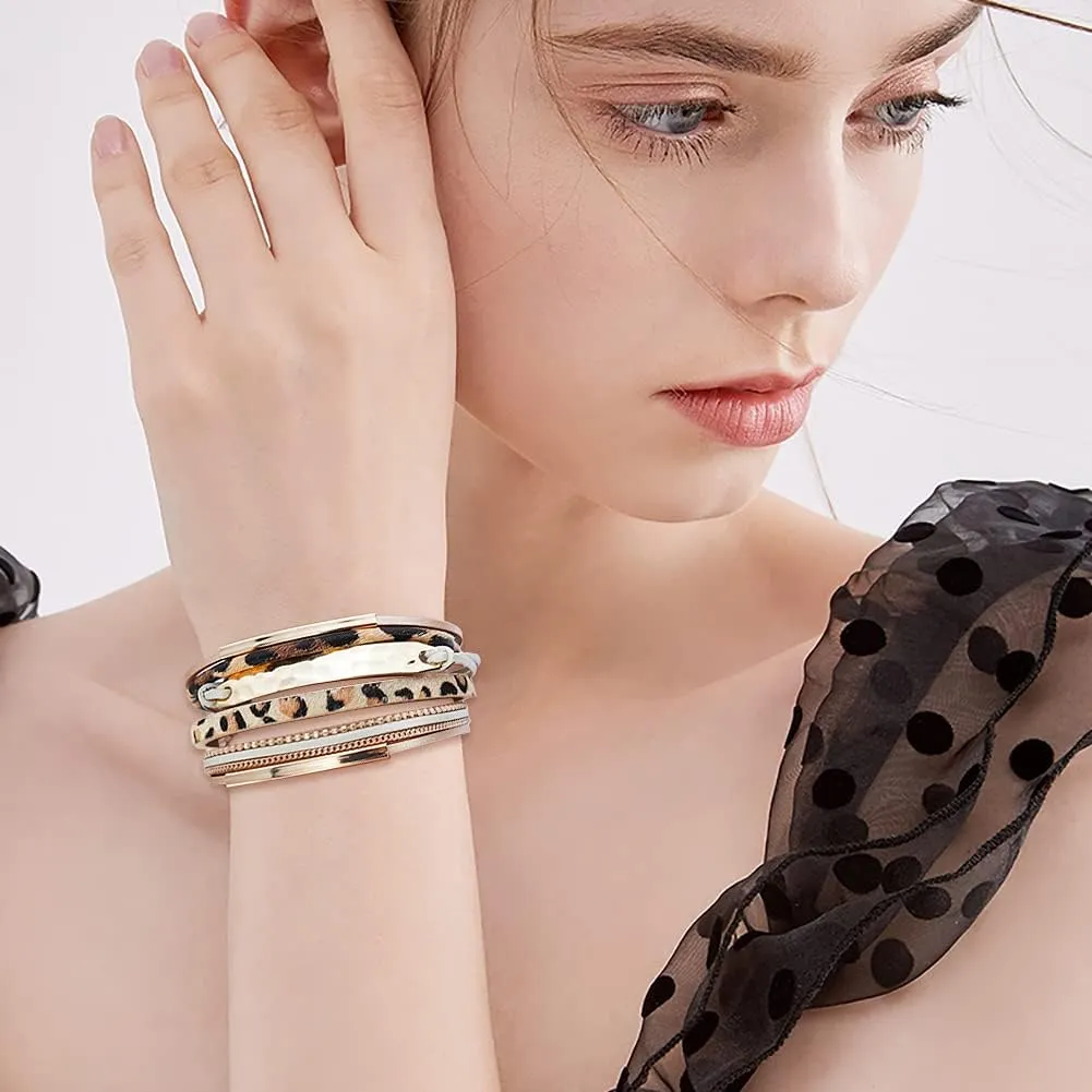 Leather Wrap Bracelet Set 3Pack Wrist Cuff Bracelet for Women Multilayer Magnetic Clasp Bracelet Feather Tree Bead Crystal Bracelet
