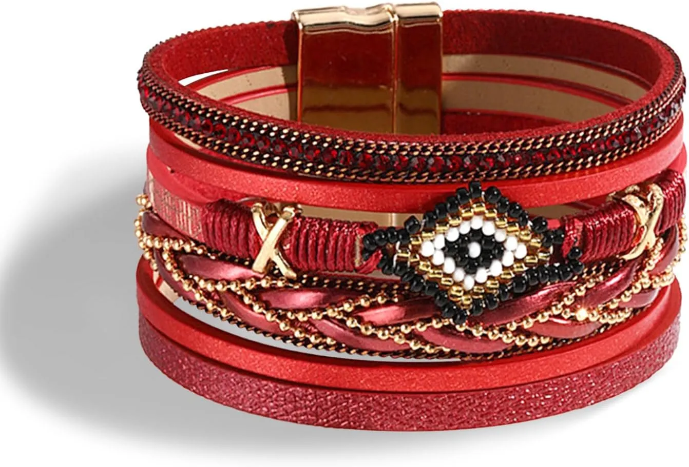 Long tiantian Multilayer Leather Wrap Bracelets for Women Black Ethnic Boho Stackable Bracelets for Women Western Outfit Dress Jewelry Accessories