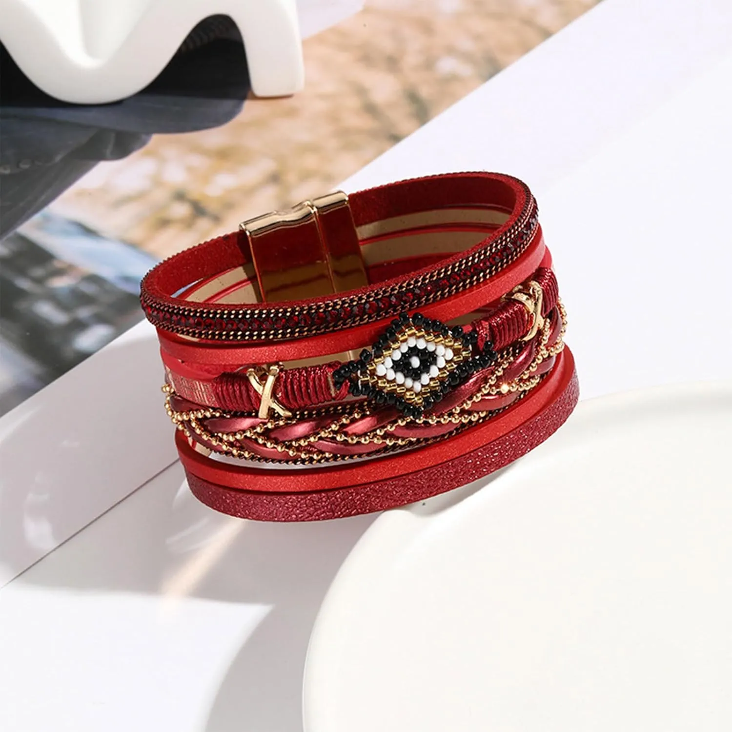 Long tiantian Multilayer Leather Wrap Bracelets for Women Black Ethnic Boho Stackable Bracelets for Women Western Outfit Dress Jewelry Accessories