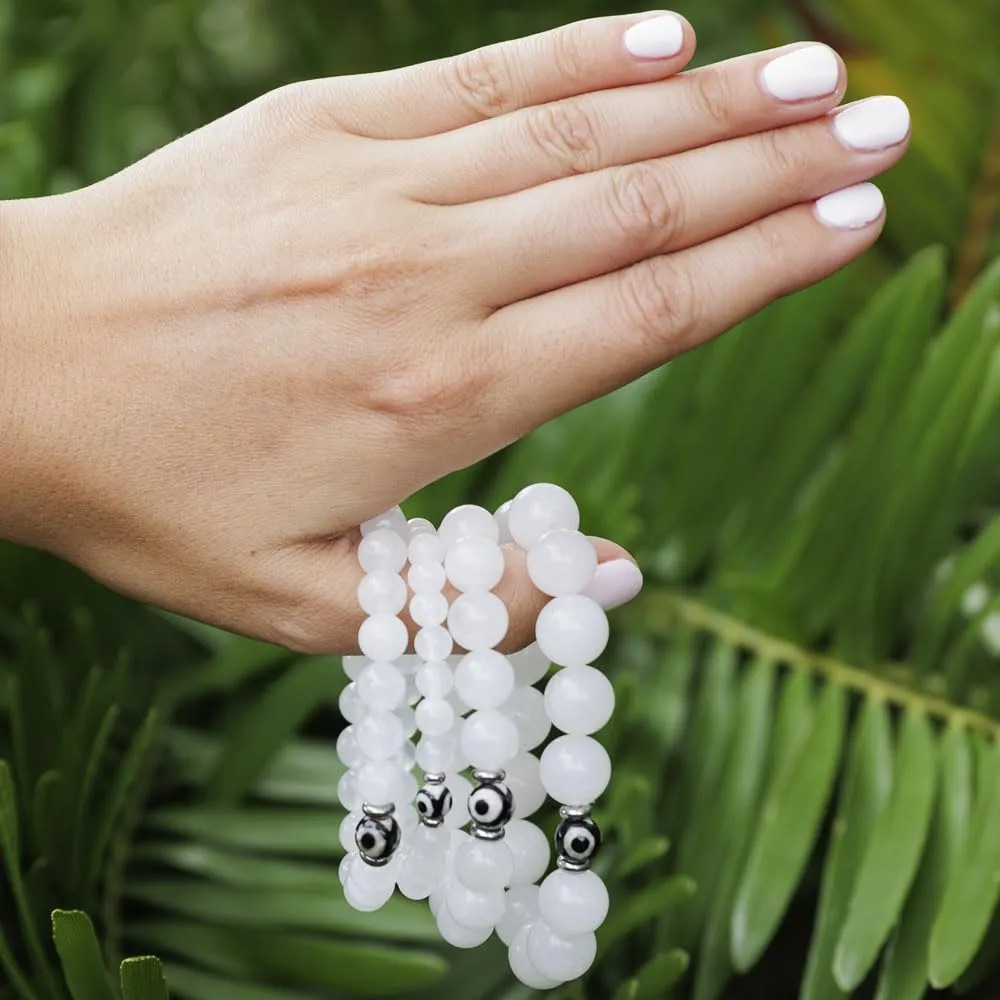 Love & Grace Handmade Evil Eye White Jade Stone Beaded Bracelets - Premium 8mm Beads with Durable Elastic Stretch Wristbands, Vibrating Good Energy, Blessing, Grounding, Power, for Men and Women