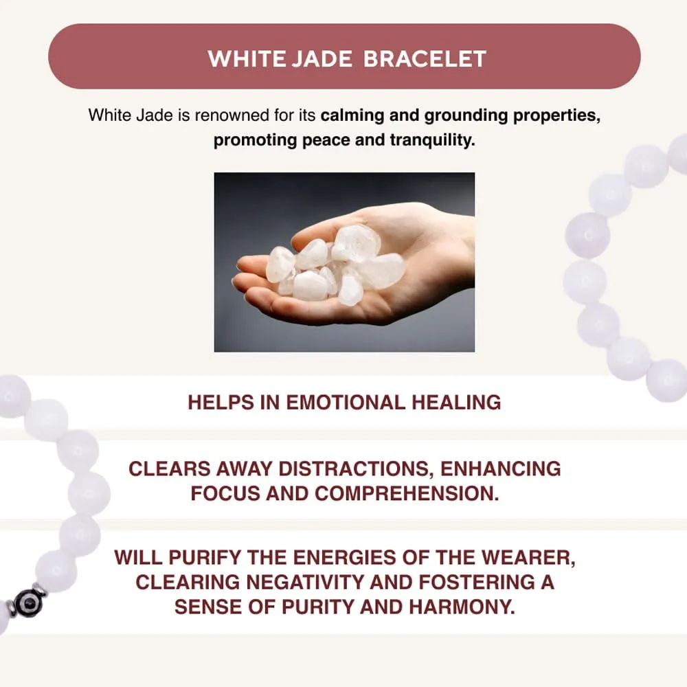 Love & Grace Handmade Evil Eye White Jade Stone Beaded Bracelets - Premium 8mm Beads with Durable Elastic Stretch Wristbands, Vibrating Good Energy, Blessing, Grounding, Power, for Men and Women