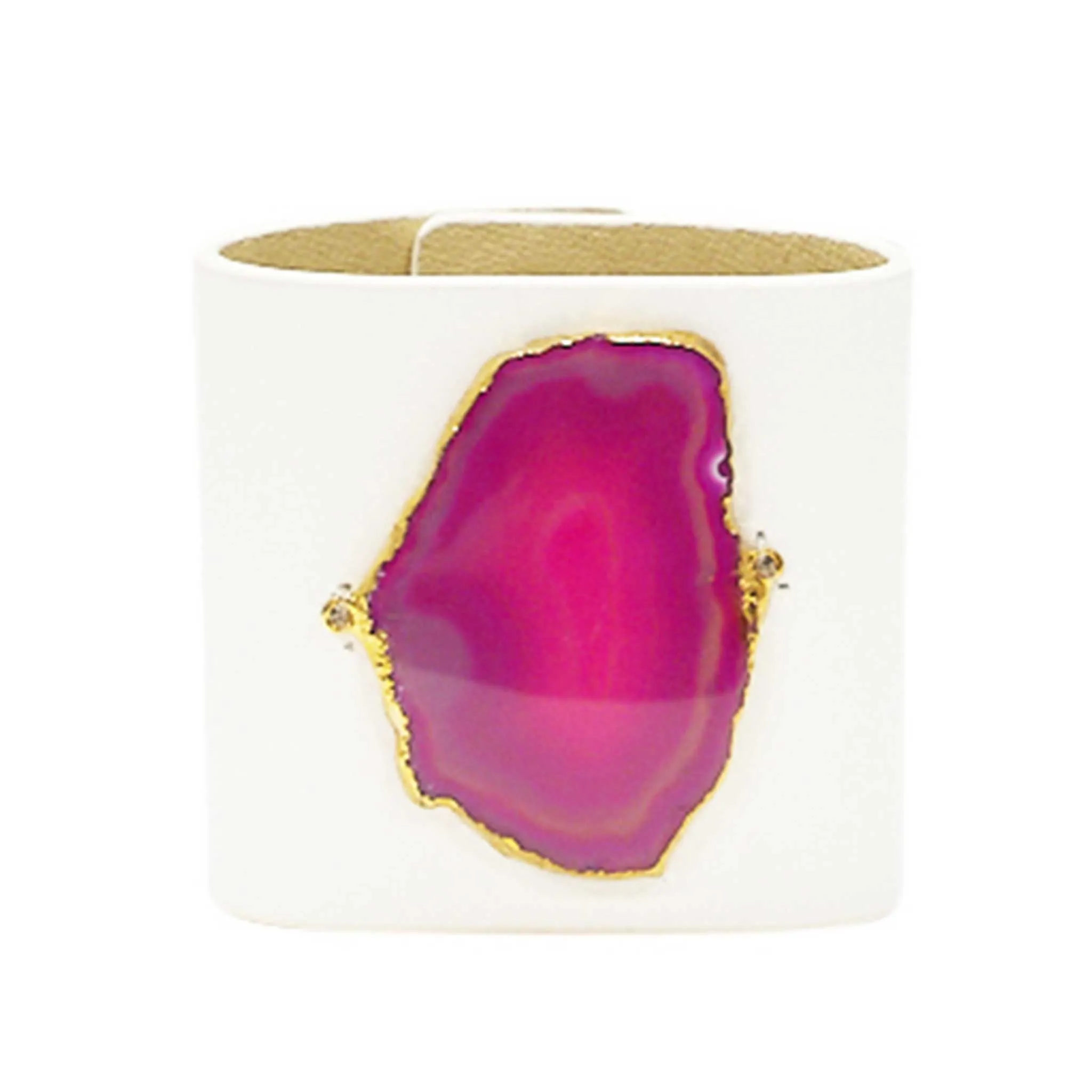 LOVED CUFF - MOONSTONE WHITE LEATHER WITH PINK AGATE  M.1.03.005.2200