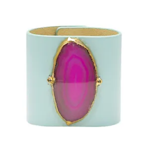 LOVED CUFF - MOONSTONE WHITE LEATHER WITH PINK AGATE  S.1.02.005.1078