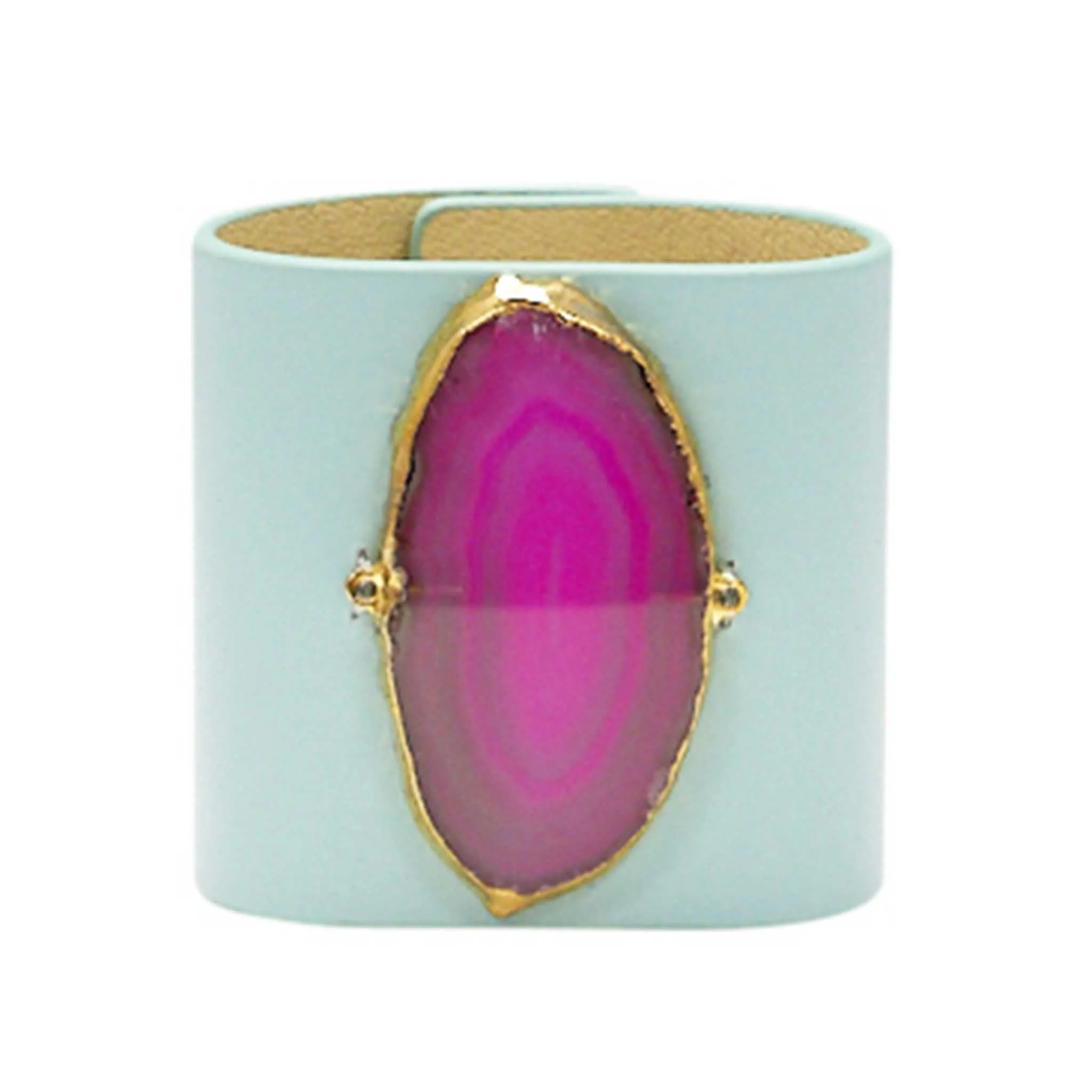 LOVED CUFF - MOONSTONE WHITE LEATHER WITH PINK AGATE  S.1.02.005.1078