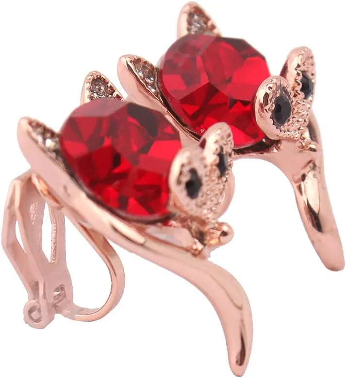 Luxury Fashion Bride Rhinestone Crystal Ruby Clip on Earrings Fox Shape Clip on Earrings Non Piercing for Women Ear Clip Costume Jewelry