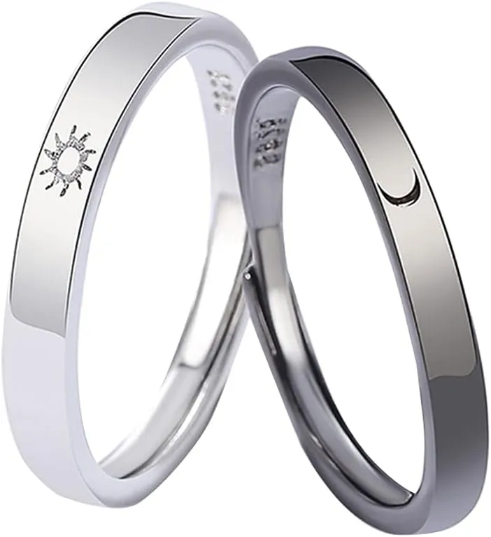 Matching Rings for Couples, Couple Rings Sun Moon High Polish Adjustable 2-Piece Couple Ring and Moon Flower Ring Adjustable Couple Promise Ring