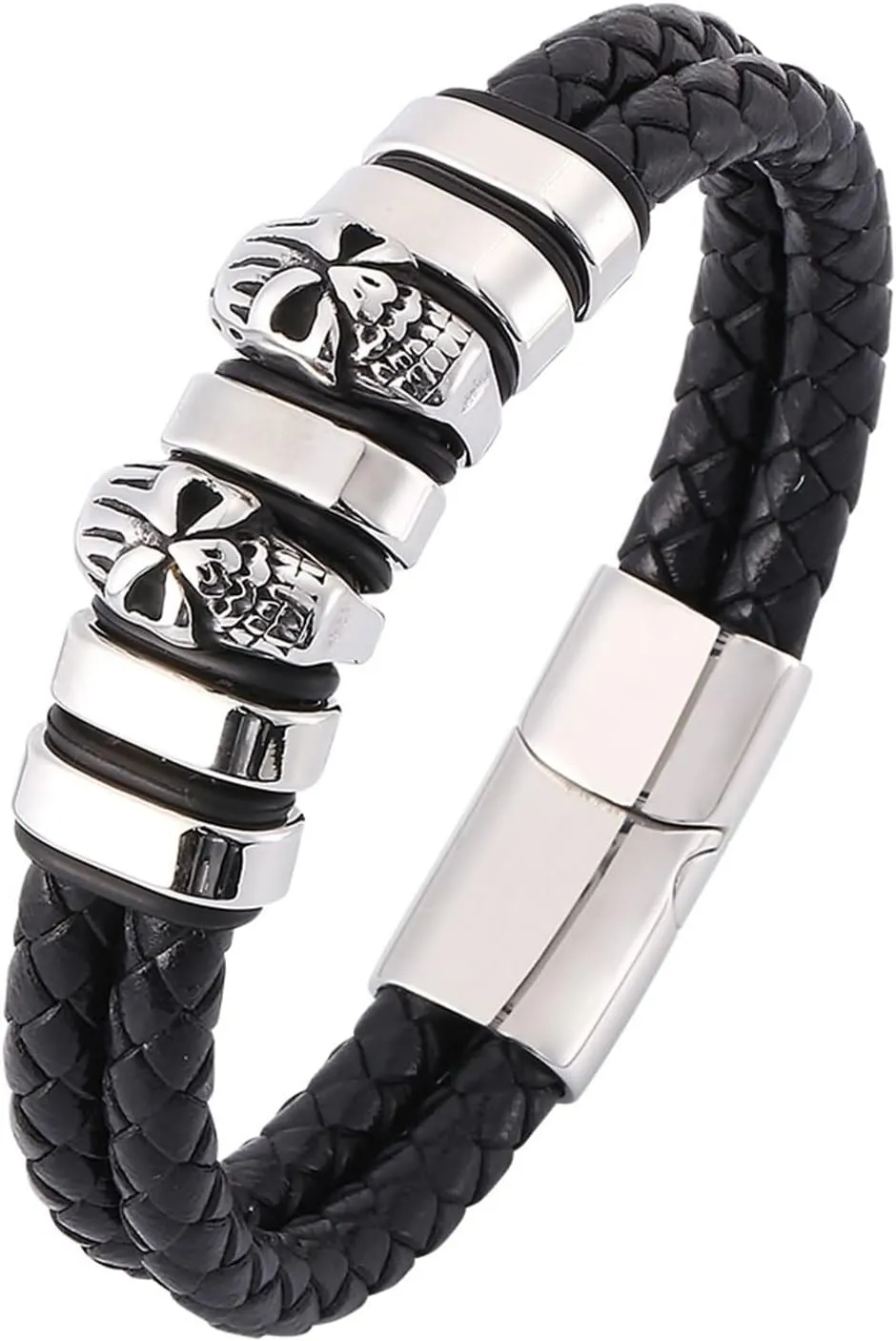 Men Bracelet Leather, String Bracelets for Men Skull Double Braided Leather Rope Western Bracelets