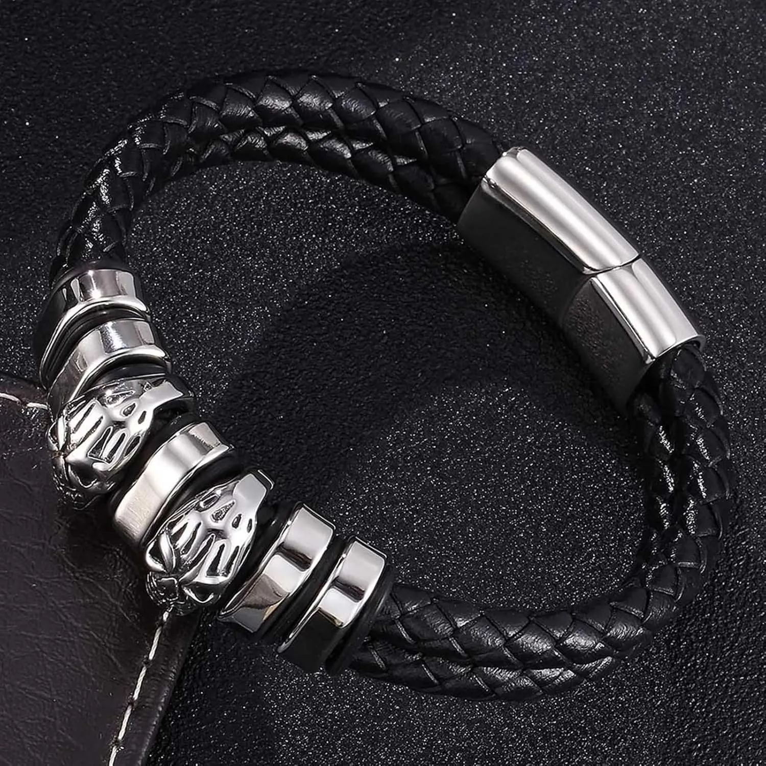 Men Bracelet Leather, String Bracelets for Men Skull Double Braided Leather Rope Western Bracelets