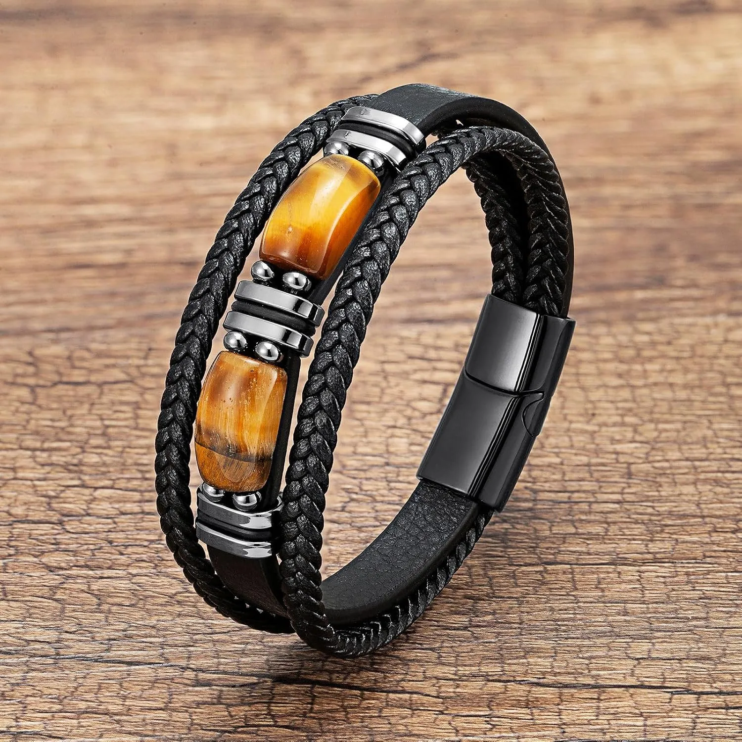 Men Leather Cuff Bracelet Natural Tiger-eye Gemtone Beads Bracelets Braided Wristband