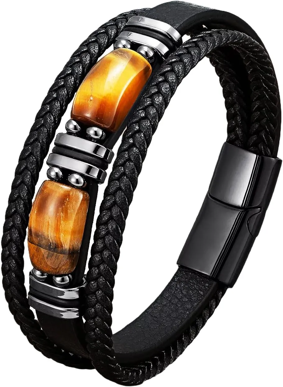 Men Leather Cuff Bracelet Natural Tiger-eye Gemtone Beads Bracelets Braided Wristband