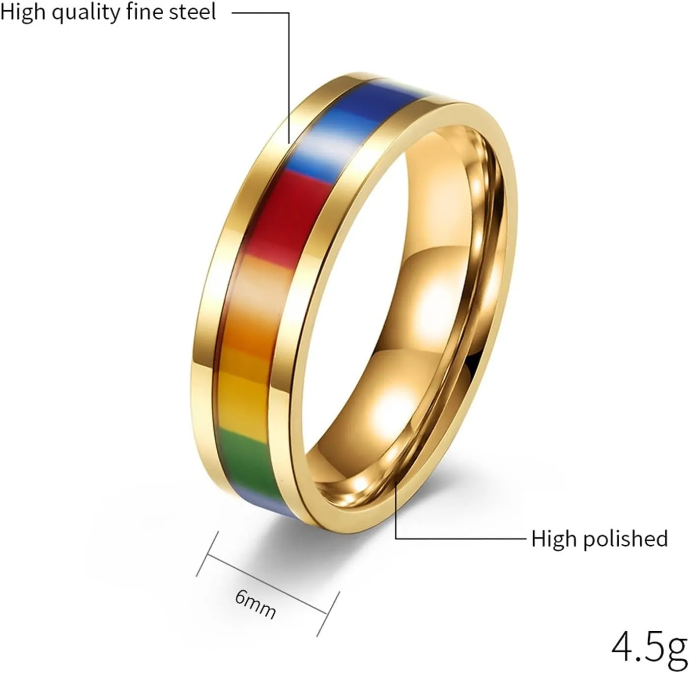 Mens Anniversary Ring, Steel Rings for Women Gold LGBT Ring 6mm Men's and Women's Fashion Rings