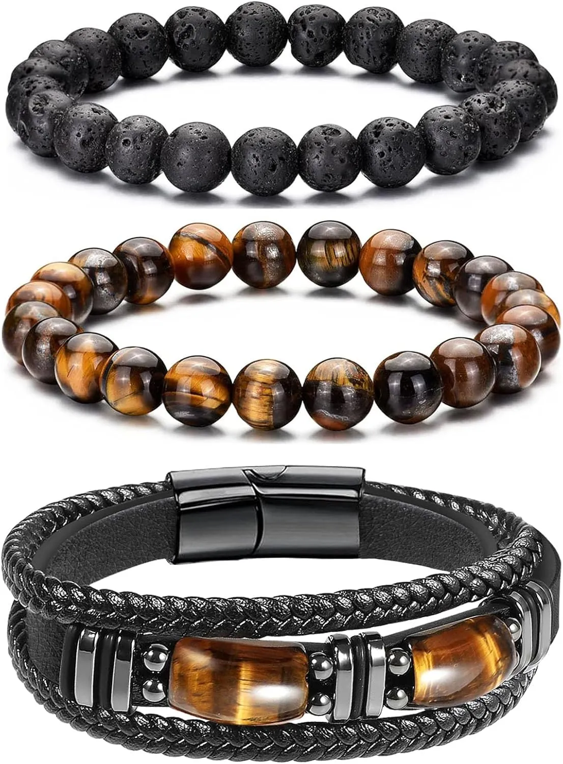 Mens Bracelet Set Black Leather Bracelets for Men Tiger Eye Bracelet 8mm Lava Rock Beaded Bracelets Adjustable Stretch