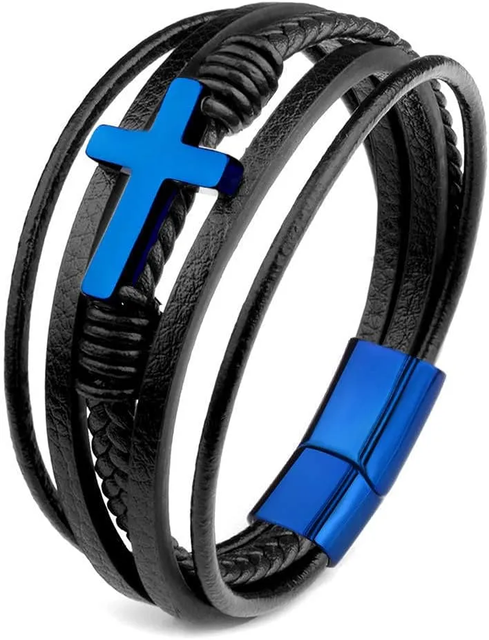 Mens Bracelets Rope Leather Bracelets For Men Cross Bracelet Men'S Leather Magnet Buckle Multilayer Braided Bracelet For Men-Q