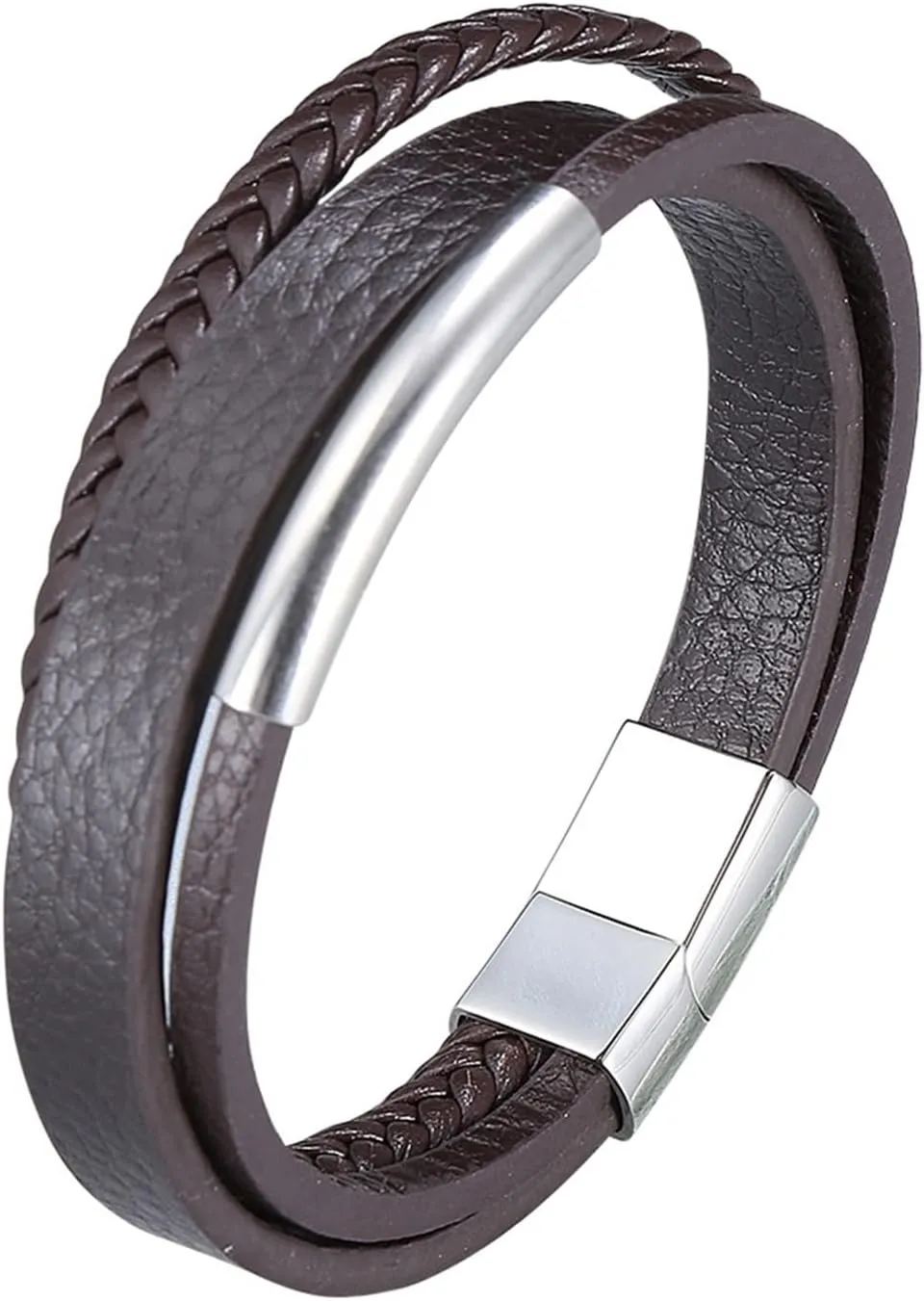 Mens Braided Bracelets Leather, Silver Leather Bracelet Men, 3-Layer Friendship Bracelets for Graduation
