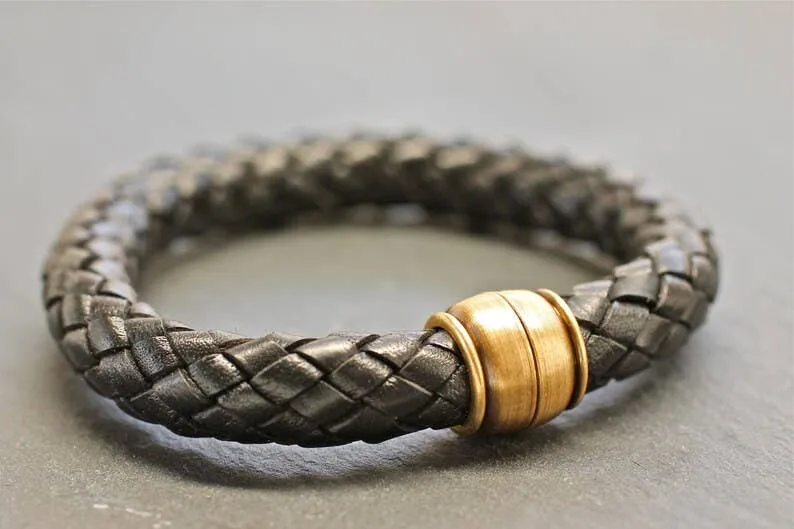 Men's Braided Leather Bracelet: Dark Leather/Silver Buckle