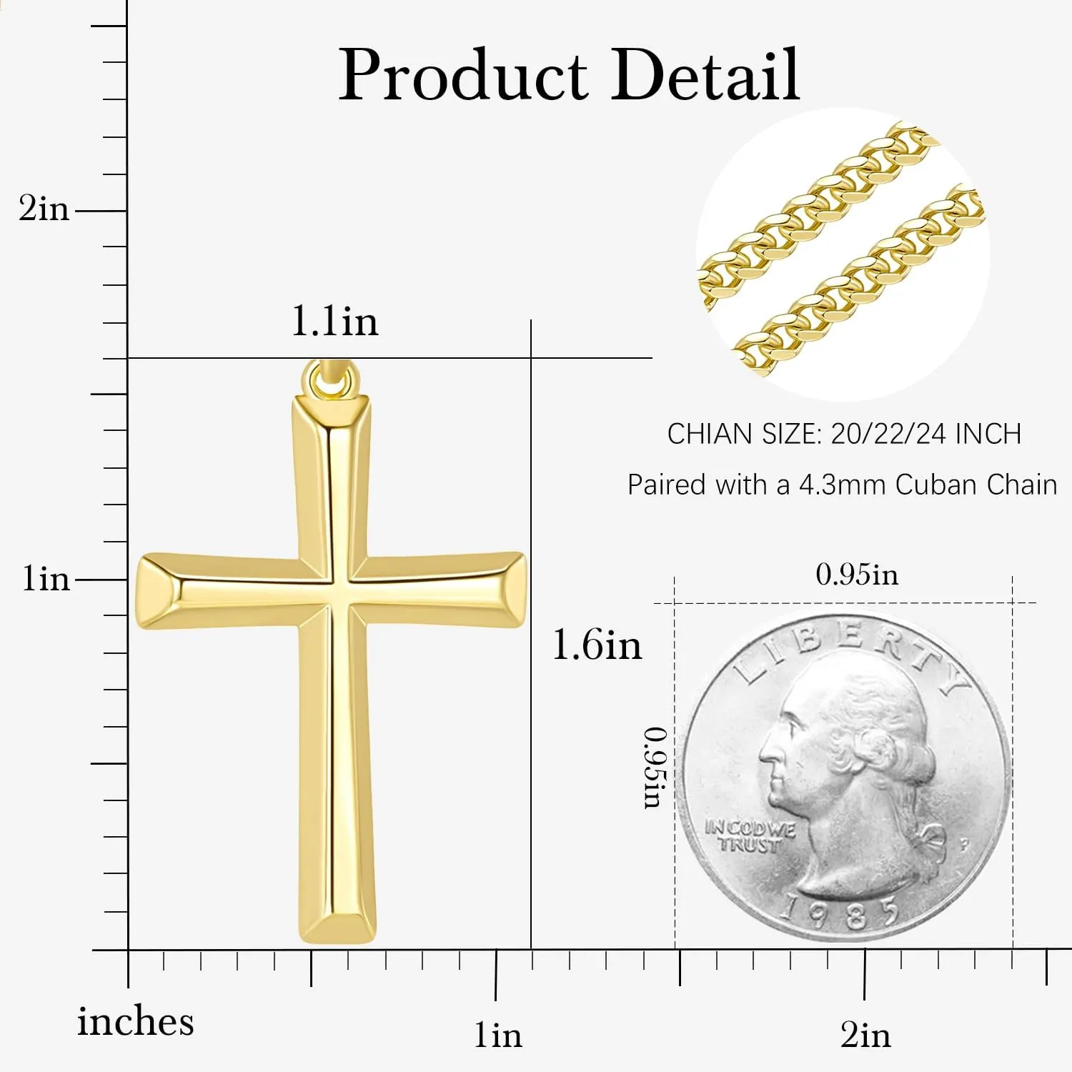 Mens Cross Necklaces 14K Gold Cross Necklace for Men Gold Crosses Chain for Men Paired with 4.3mm Cuban Chain Dainty Crosses Pendant Necklace for Mens 20/22/24in