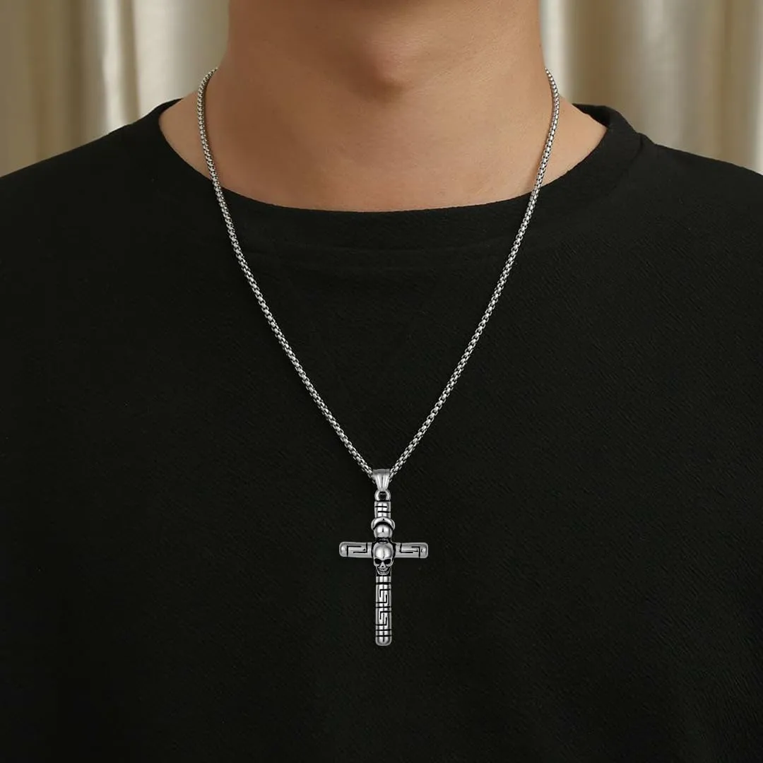 Mens Cross Skull Necklace Stainless Steel Vintage Punk Cross Pendant Necklaces for Men Halloween Memento Skull Jewelry Gift