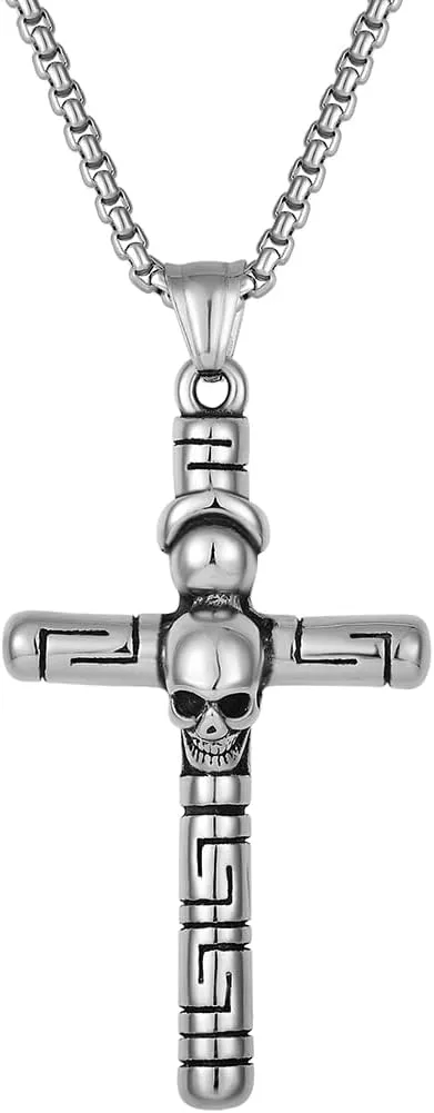 Mens Cross Skull Necklace Stainless Steel Vintage Punk Cross Pendant Necklaces for Men Halloween Memento Skull Jewelry Gift