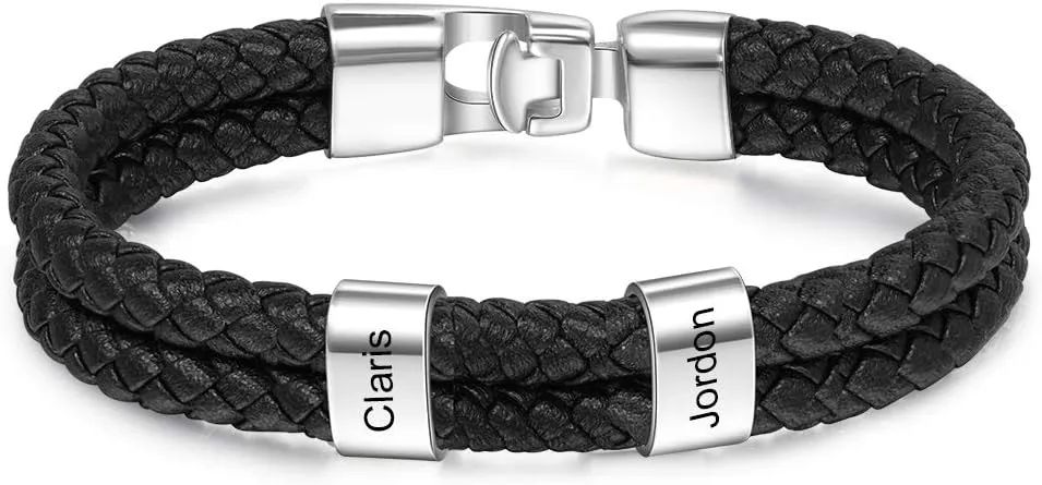 Mens Leather Bracelet Personalized Name Bracelet for Men Custom Engraved Family Names Leather Braid Bracelets for Birthday Graduation Anniversary Father's Day Christmas