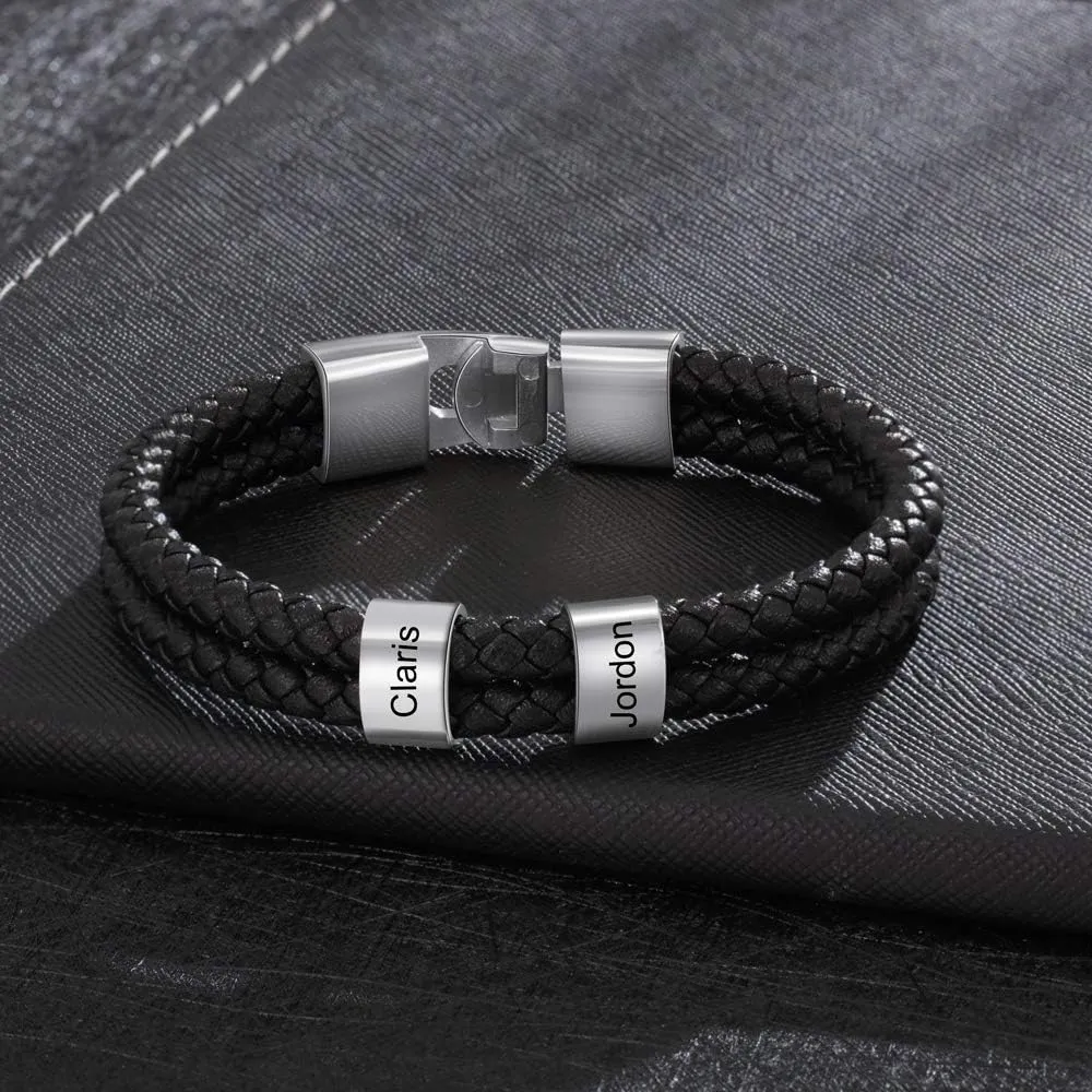 Mens Leather Bracelet Personalized Name Bracelet for Men Custom Engraved Family Names Leather Braid Bracelets for Birthday Graduation Anniversary Father's Day Christmas