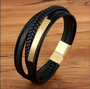 Mens Leather Gold and Black Bracelet