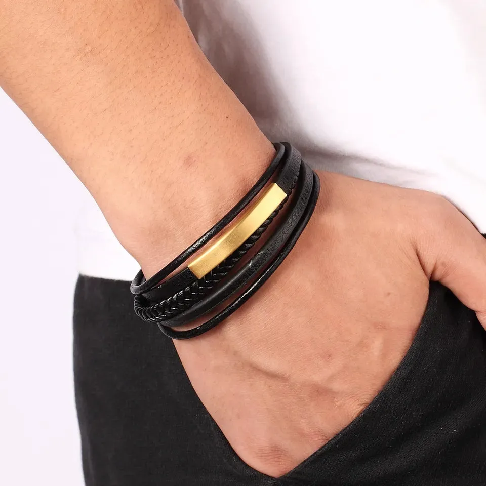 Mens Leather Gold and Black Bracelet