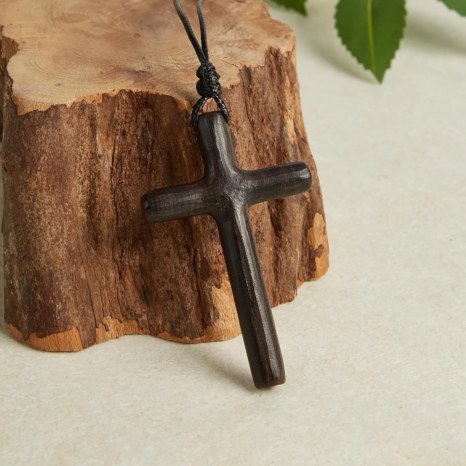 Men's Wooden Cross Necklaces Real Handcrafted Ebony Wood Cross Pendants With Leather Necklaces Men's Black Cross Necklaces Christian Baptism Crucifix Pendant for Men