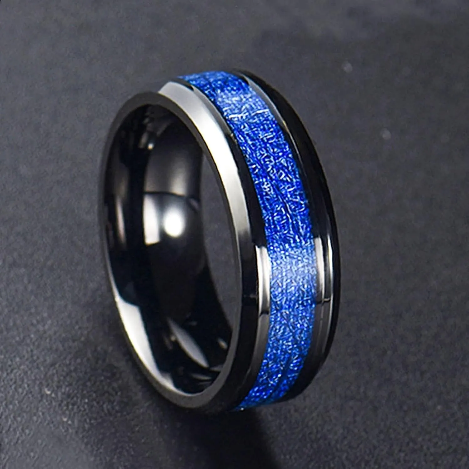 Middle Finger Rings for Women, Stainless Steel Ring for Men 8mm Black Ring Inlay Blue Metal Engagement Couple Rings