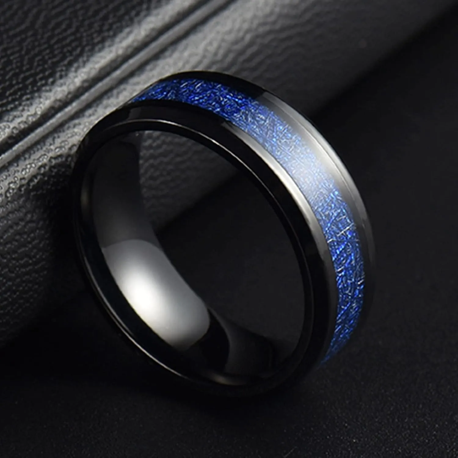 Middle Finger Rings for Women, Stainless Steel Ring for Men 8mm Black Ring Inlay Blue Metal Engagement Couple Rings