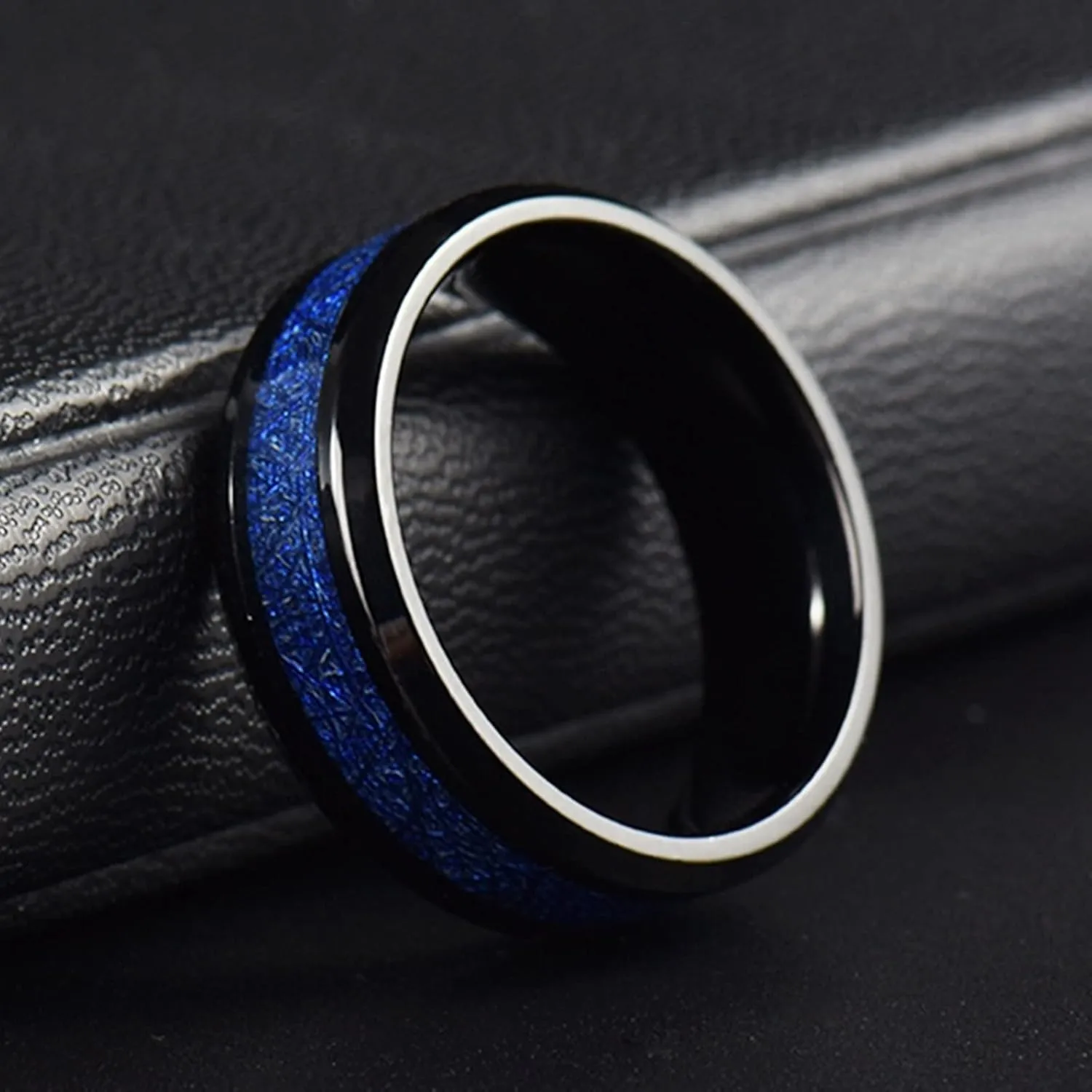 Middle Finger Rings for Women, Stainless Steel Ring for Men 8mm Black Ring Inlay Blue Metal Engagement Couple Rings